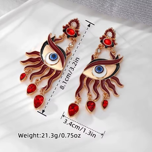 Surreal Evil Eye Art Earrings — Red & Gold Statement Drops - Picture 6 of 6